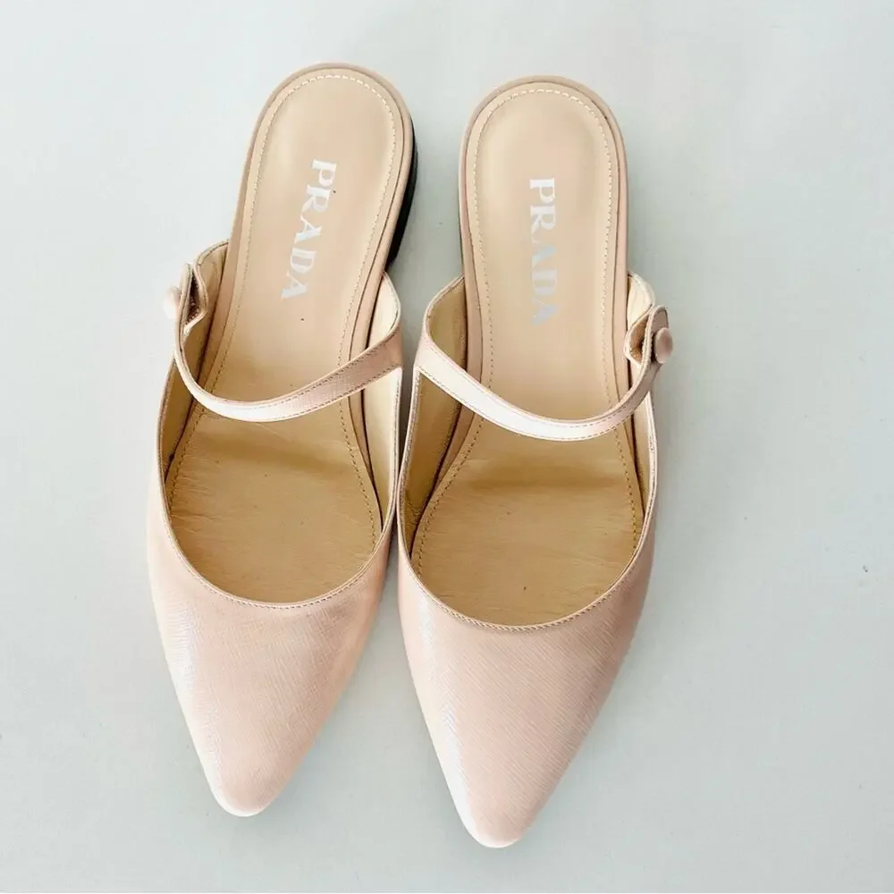 PRADA Nude Cream Beige Patent Leather Strap Pointed Toe Flats Slip On Slides 38 - Picture 7 of 16